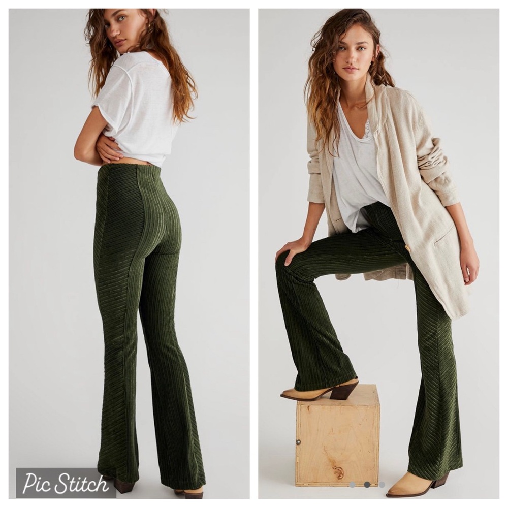 Free People Slim Velvet Flare Pants Olive NWT Small